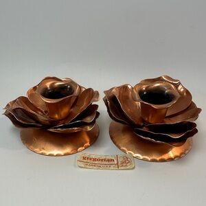 VTG Gregorian Copper‎ Flower Rose Taper Candle Holders Set of 2 Pair Made in USA
